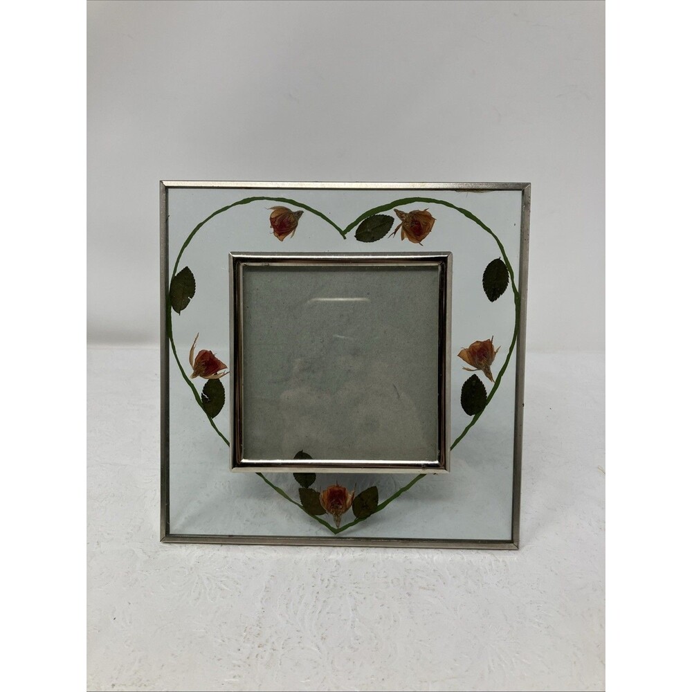 Pressed Flower Glass Picture Frame Heart Design Metal Square 7x7 For 4x4 Photo